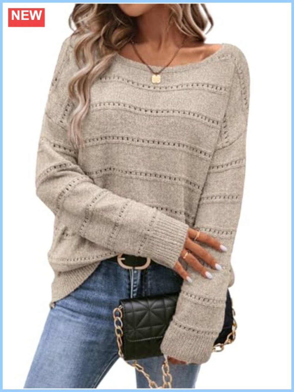 Women's Soft Boat Neck Oversized Crochet Knit Pullover Sweater